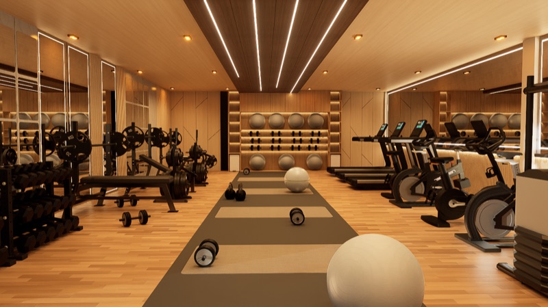 Rendered fitness suite with residents exercising at Labone Heights