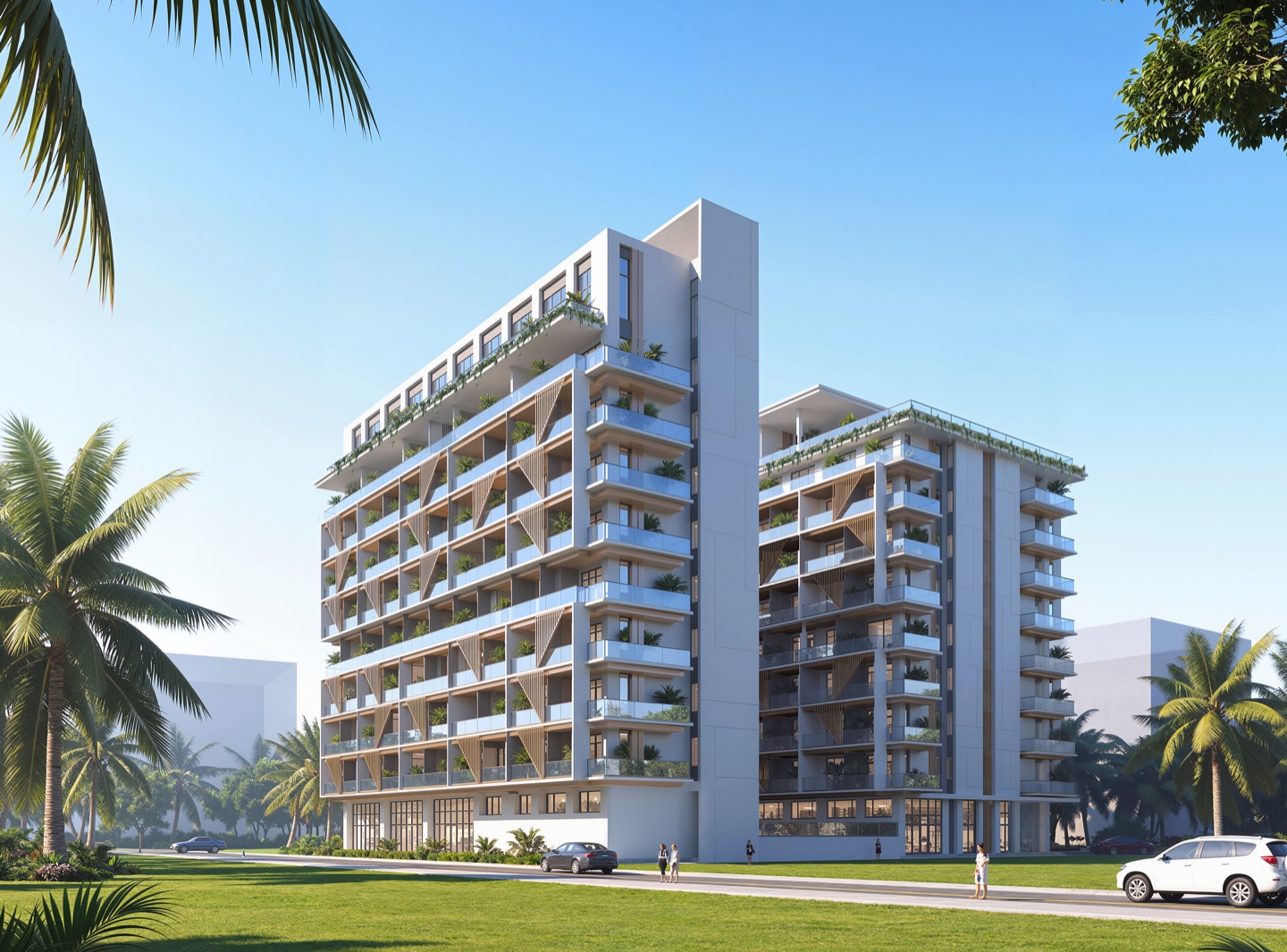 Evening exterior render of the Labone Heights twin residential towers in Labone, Accra