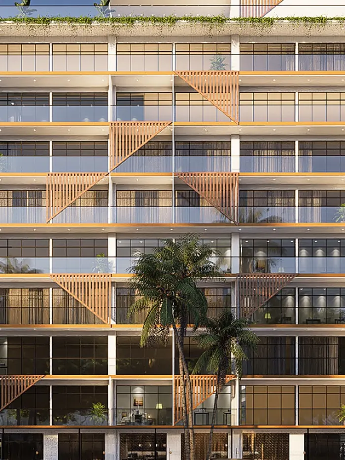 Architectural detail of the Labone Heights facade in daylight